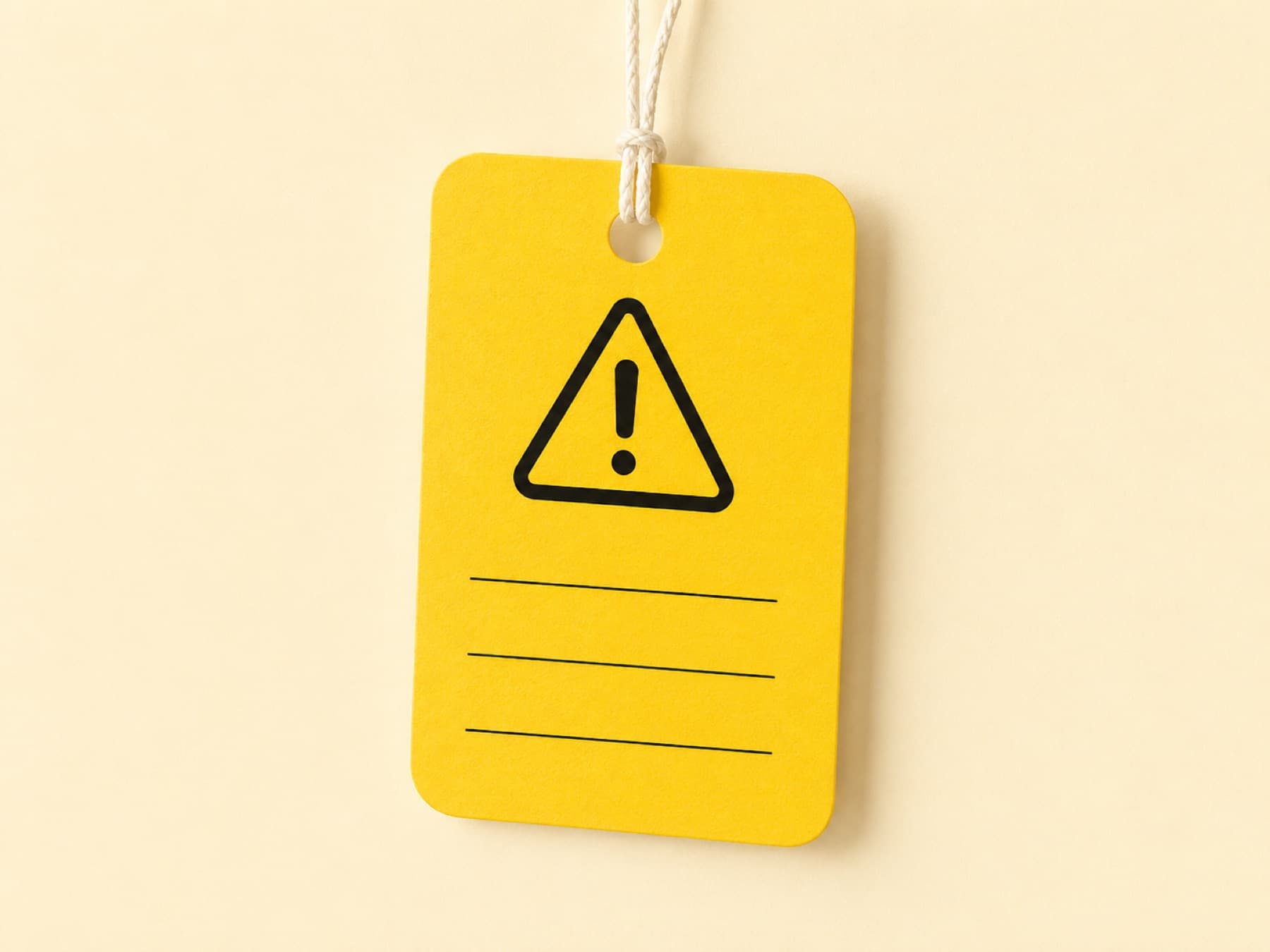 A yellow garment hang tag with a warning triangle, of the kind attached to every sleepwear piece we sell
